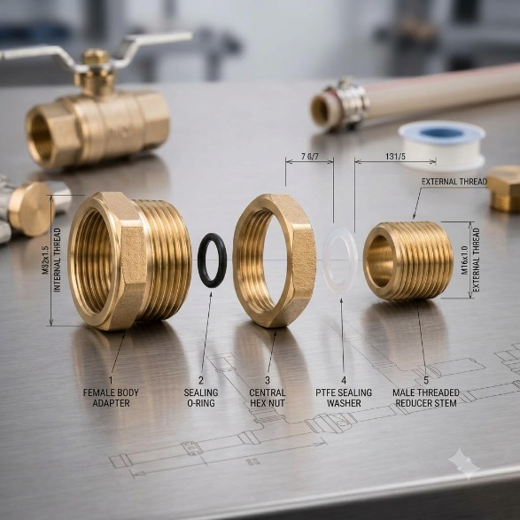 Technical brass fitting assembly with component labels and engineering dimensions